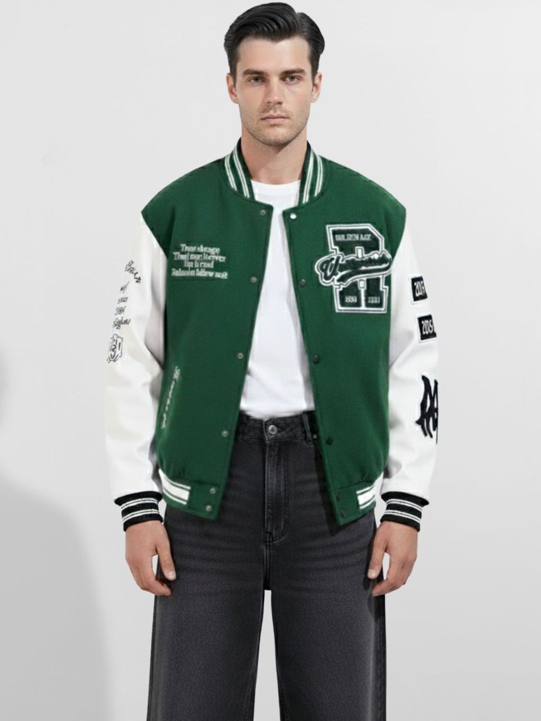 The Indian Garage Co Men Typography Colourblocked Varsity Jacket with Embroidered