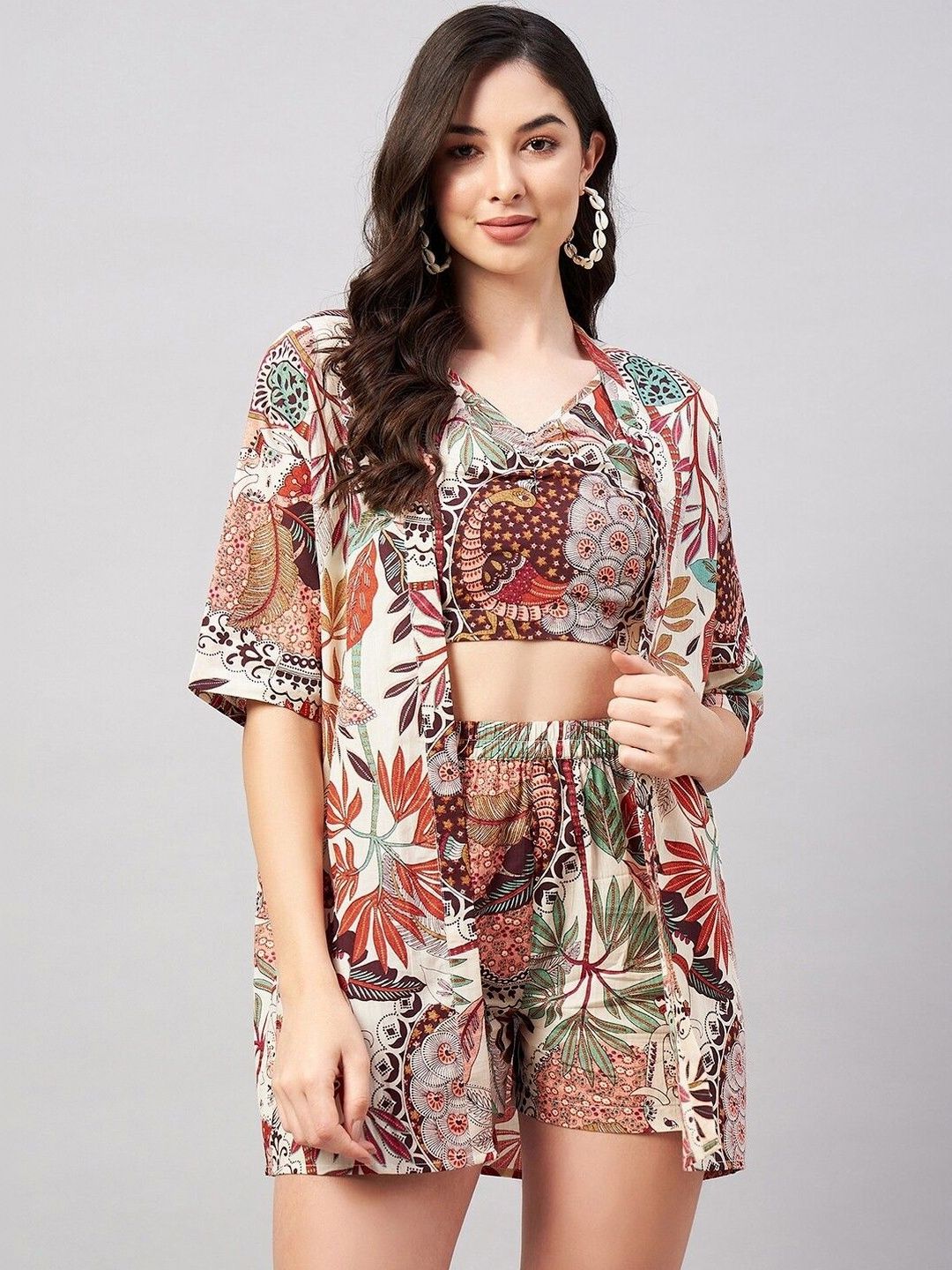 HERE&NOW Printed V-Neck Short Sleeves Top With Short Co-Ords