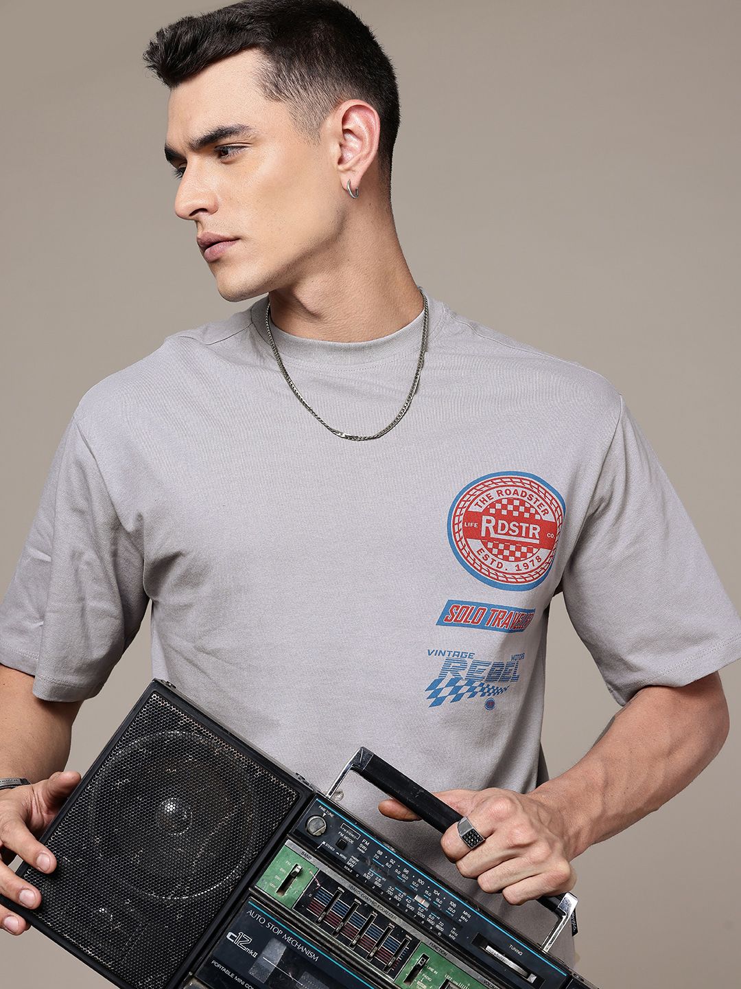 The Roadster Life Co. Brand Logo Printed Drop-Shoulder Sleeves Pure Cotton T-shirt