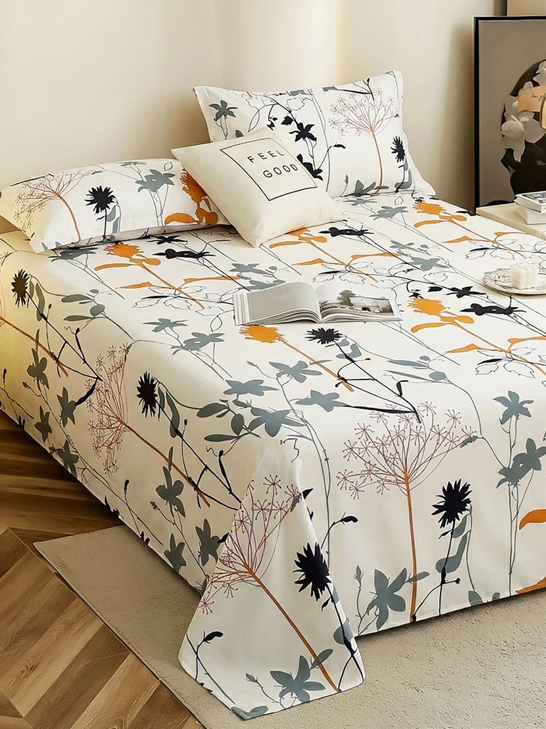 Story@home Story@home White Floral Cotton 186 TC Queen Bedsheet with Pillow Covers - 88x100 In