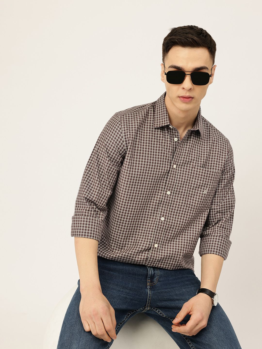 Nautica Men Classic Slim Fit Gingham Checks Pure Cotton Casual Shirt