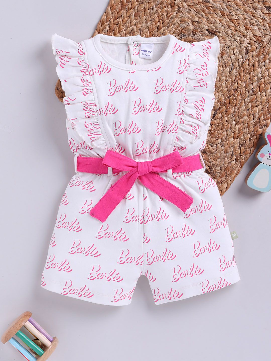 Moms Love Infant Girls Barbie Printed Pure Cotton Ruffled Basic Jumpsuit