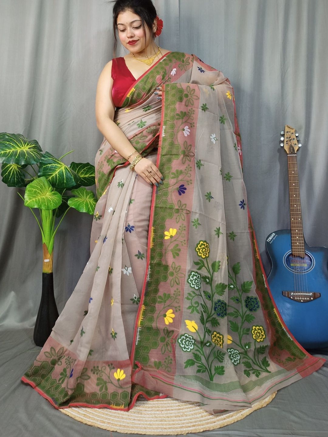 Rnn Saree Floral Embroidered Silk Cotton Jamdani Sarees