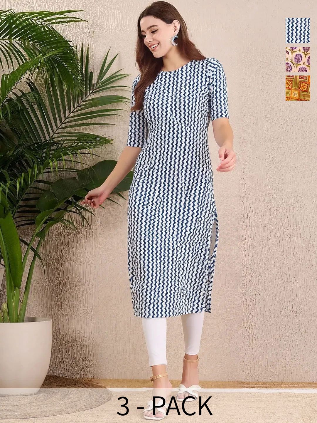 arangya Women Pack Of 3 Geometric Printed Crepe Kurta