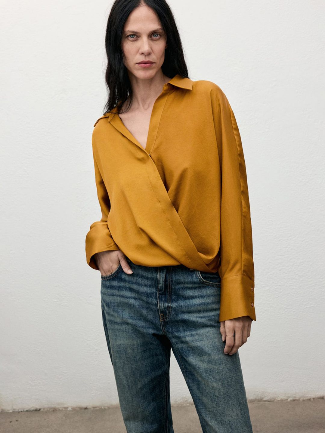 Satin Finish Spread Collar Wrap Detail Casual Shirt