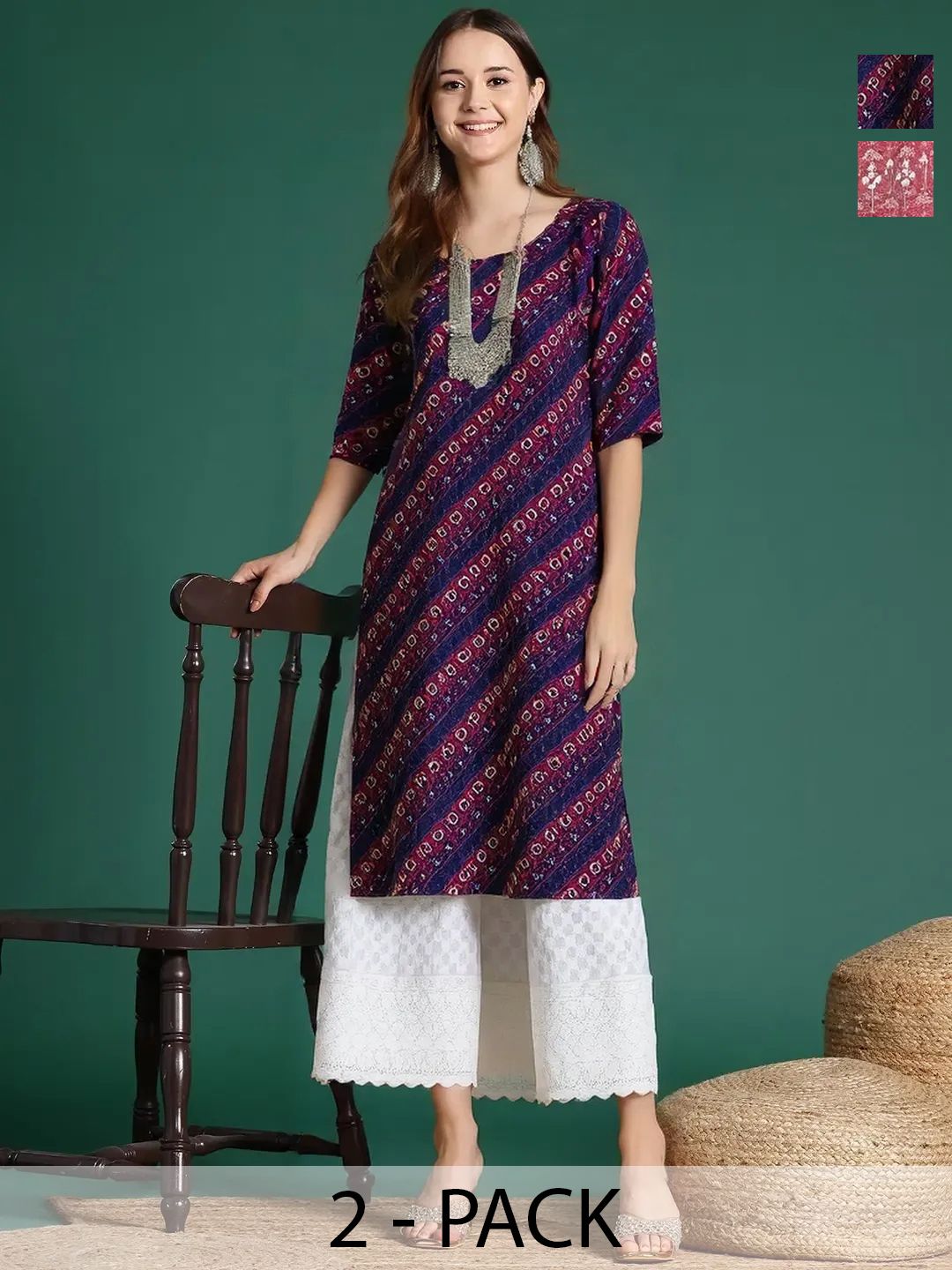 arangya Pack Of 2 Women Ethnic Motifs Printed Indie Prints Crepe Kurta
