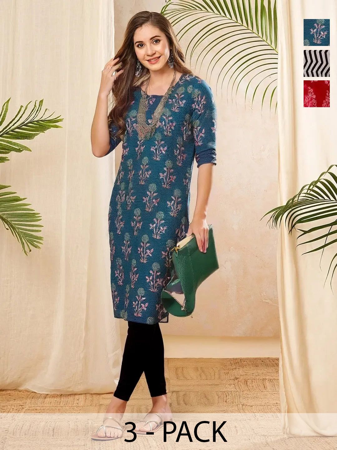arangya Pack Of 3 Women Floral Printed Indie Florals Crepe Kurta