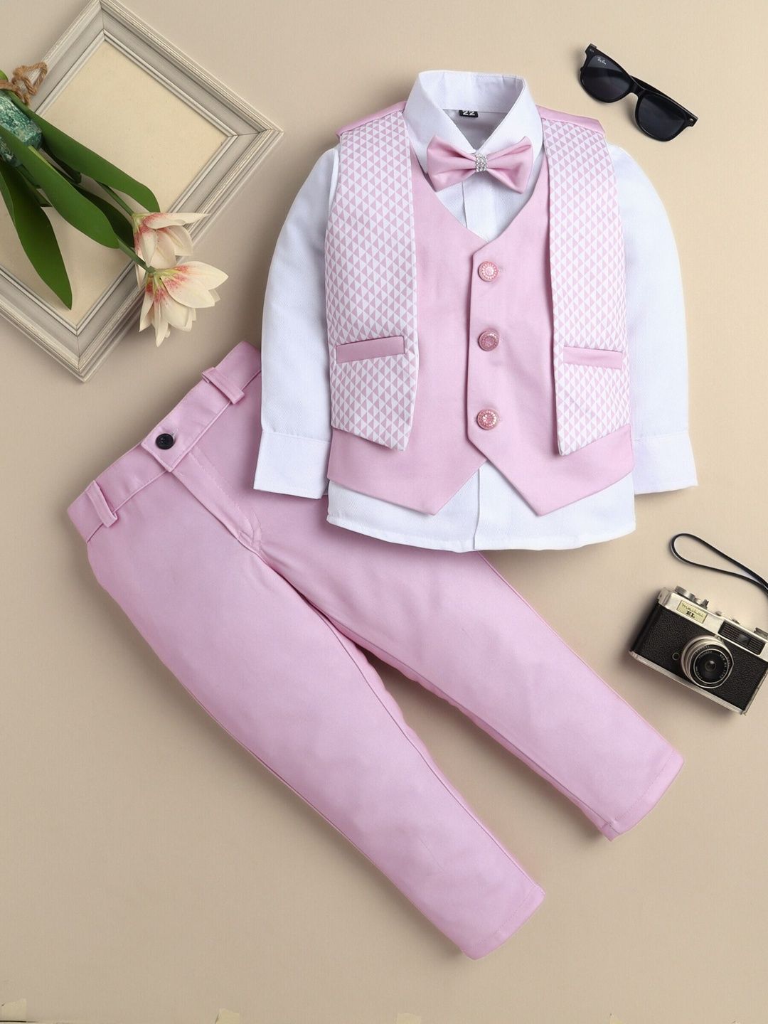 Sangria Boys Geometric Printed 3 Piece Party Suit Set With Bow