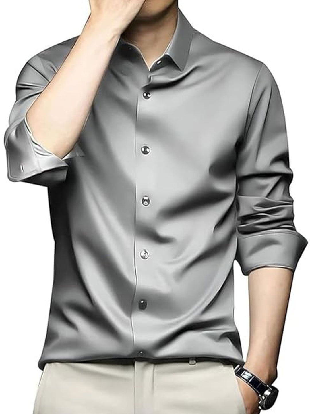 Deelmo Men Solid Spread Collar Satin Formal Shirt