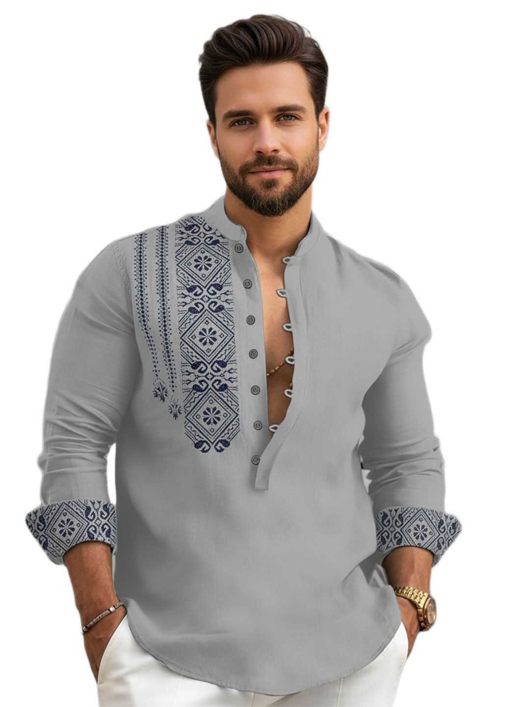 Deelmo Printed Mandarin Collar Casual Kurta
