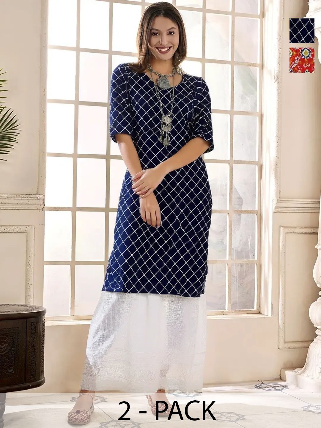 arangya Women Pack Of 2 Geometric Printed Indie Prints Crepe Kurta