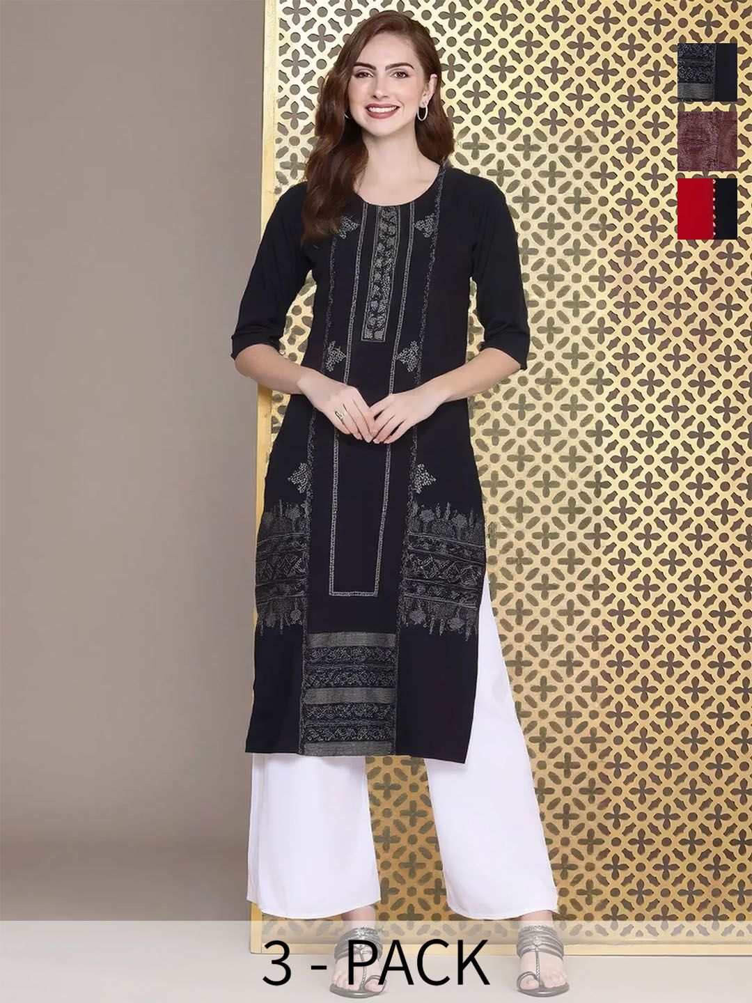 arangya Women Pack of 3 Ethnic Motifs Printed Indie Prints Crepe Kurta