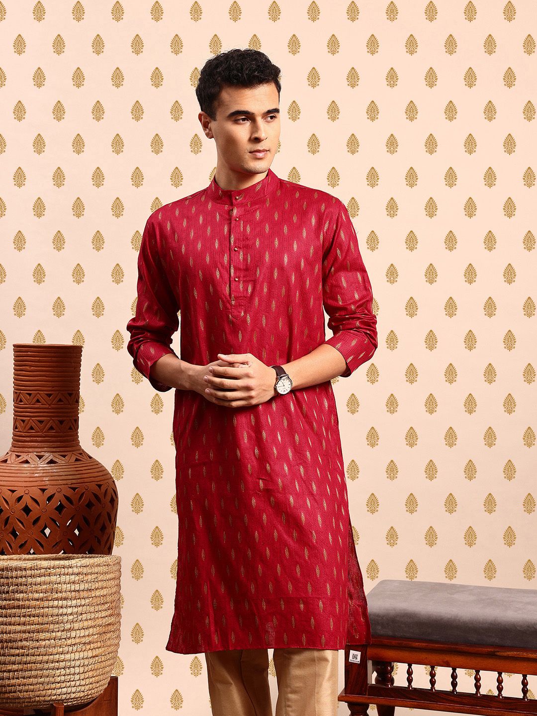 SOURAGYA Woven Designed Band Collar Straight Kurta