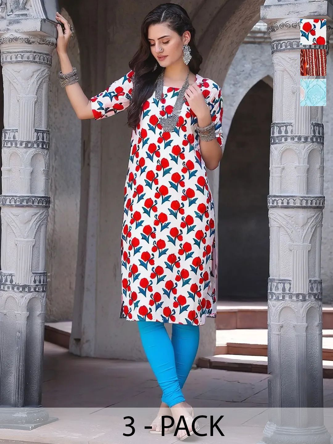 arangya Women Pack Of 3 Floral Printed Indie Florals Crepe Kurta