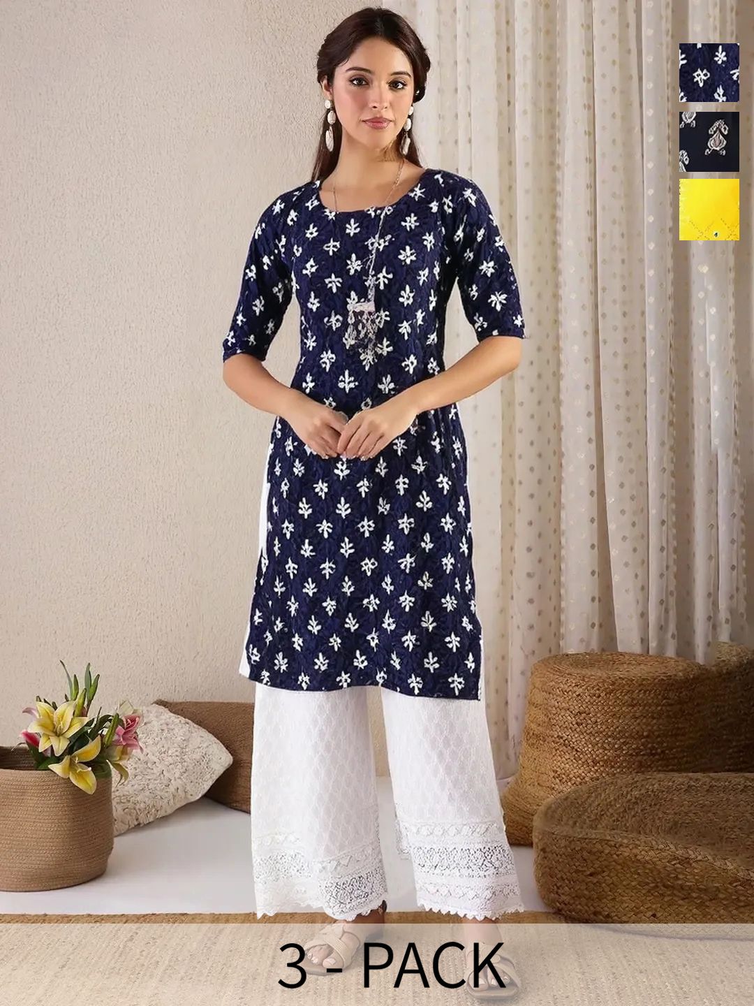 arangya Women Pack Of 3 Ethnic Motifs Printed Indie Prints Crepe Kurta