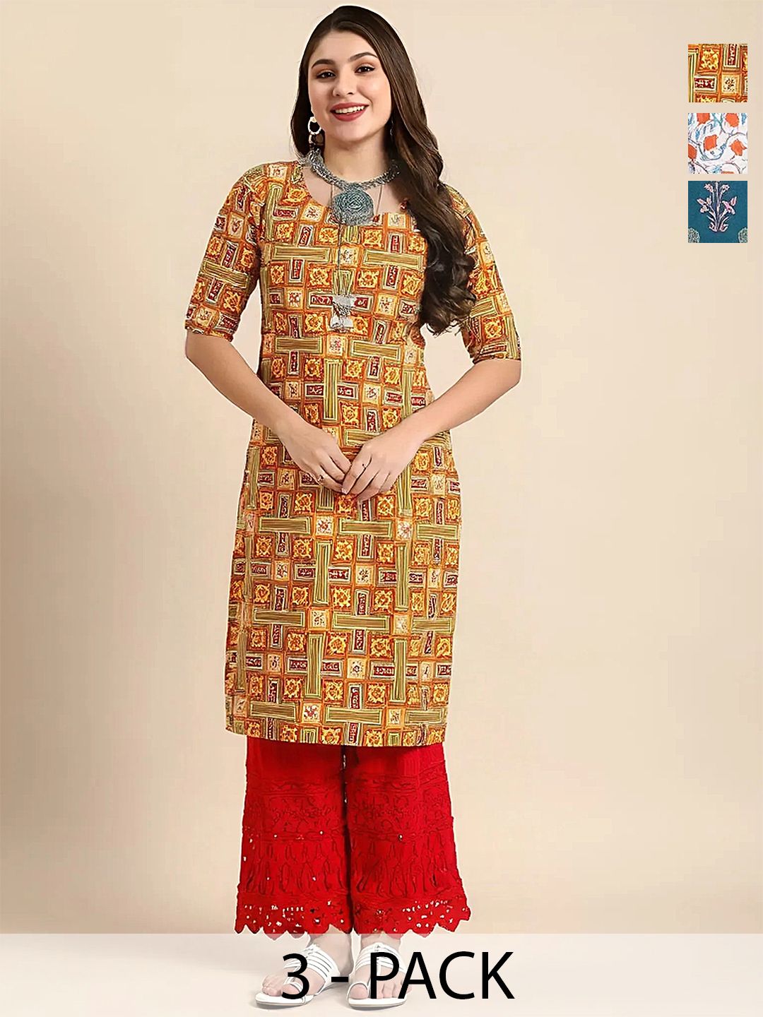 arangya Pack Of 3 Women Floral Printed Indie Florals Crepe Kurta