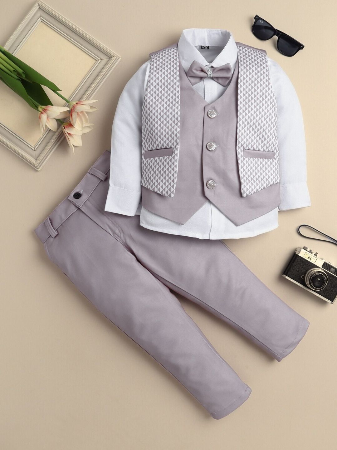 YK Boys Geometric Printed 3 Piece Party Suit Set With Bow