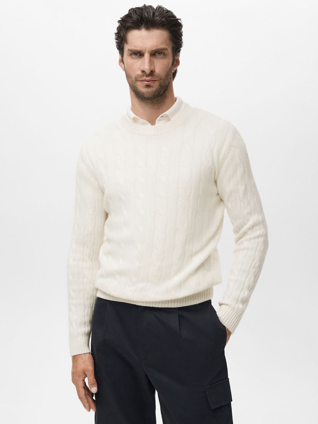 MANGO MAN Pure Wool Cable Knit Pullover Sweater
