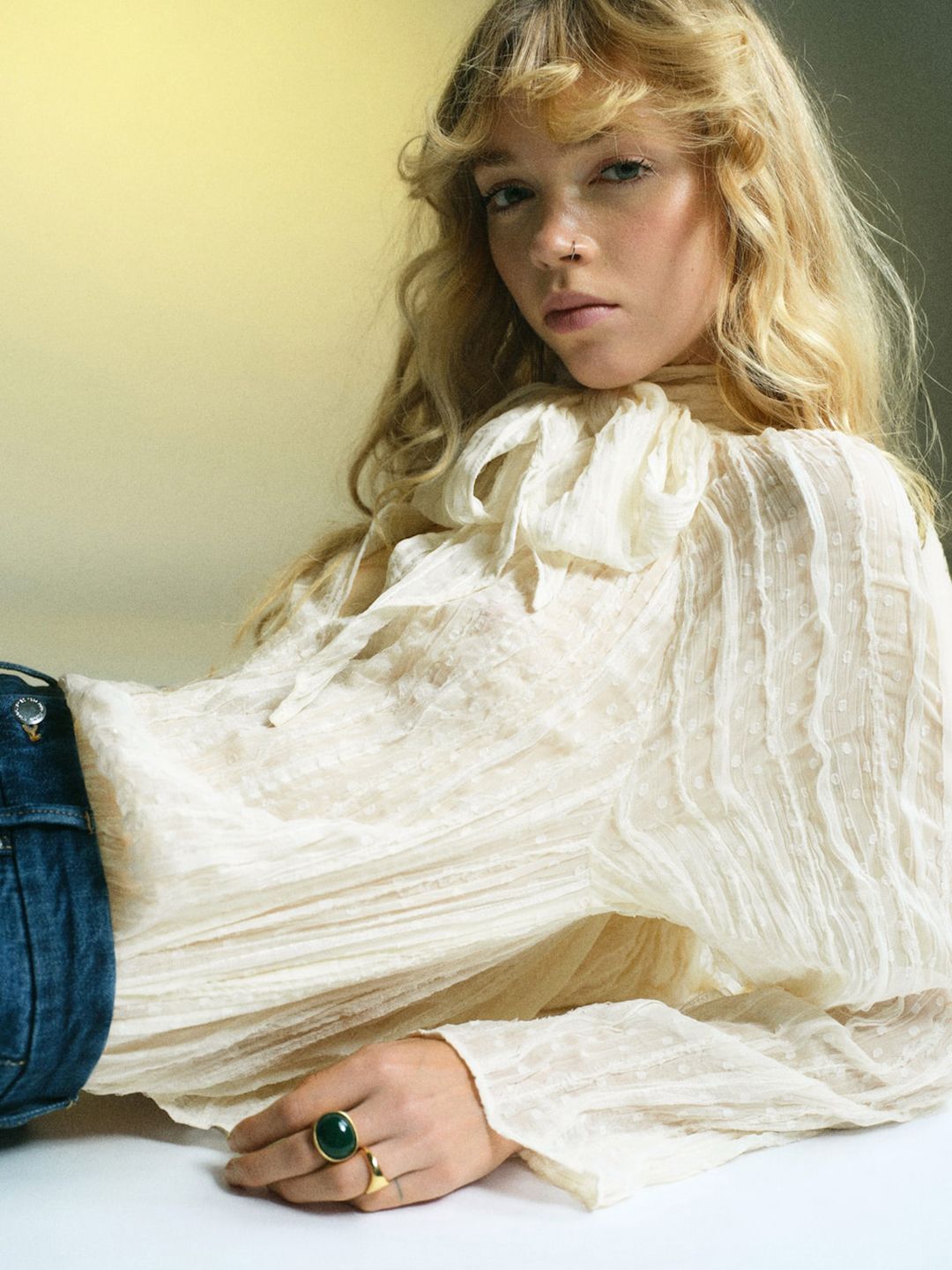 Textured Self Design High Neck Regular Top with Tie-Up Detail