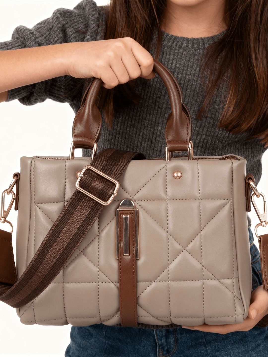 ROSS BROWN PU Structured Handheld Bag with Quilted