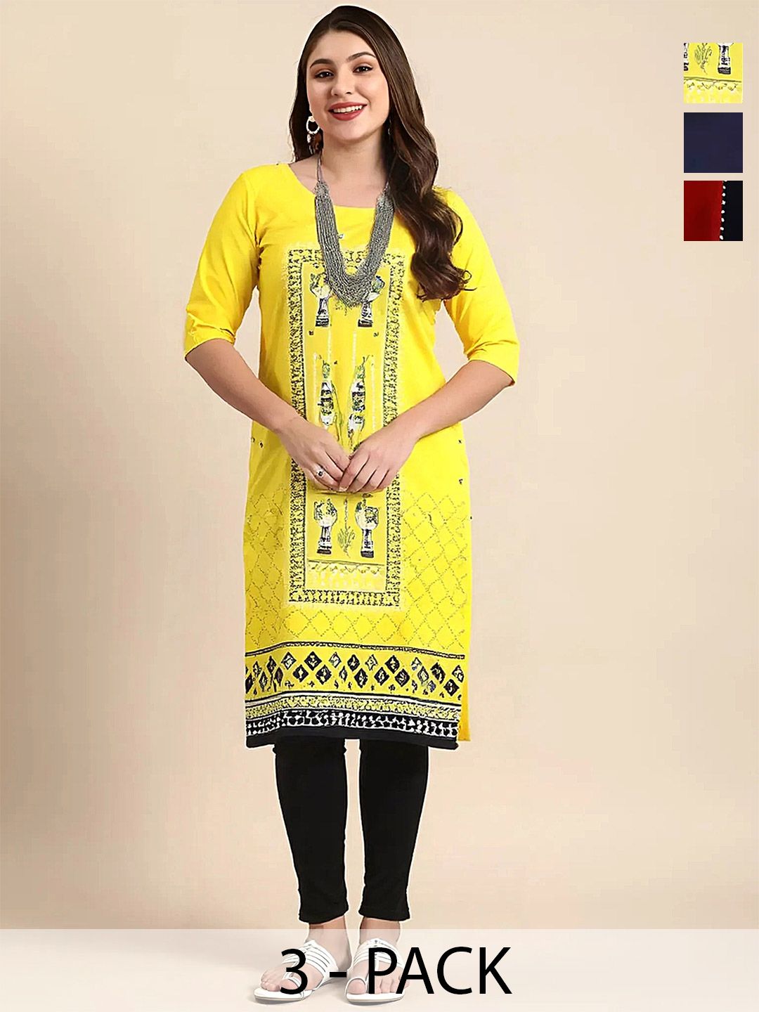 arangya Pack Of 3 Women Ethnic Motifs Printed Indie Prints Crepe Kurta