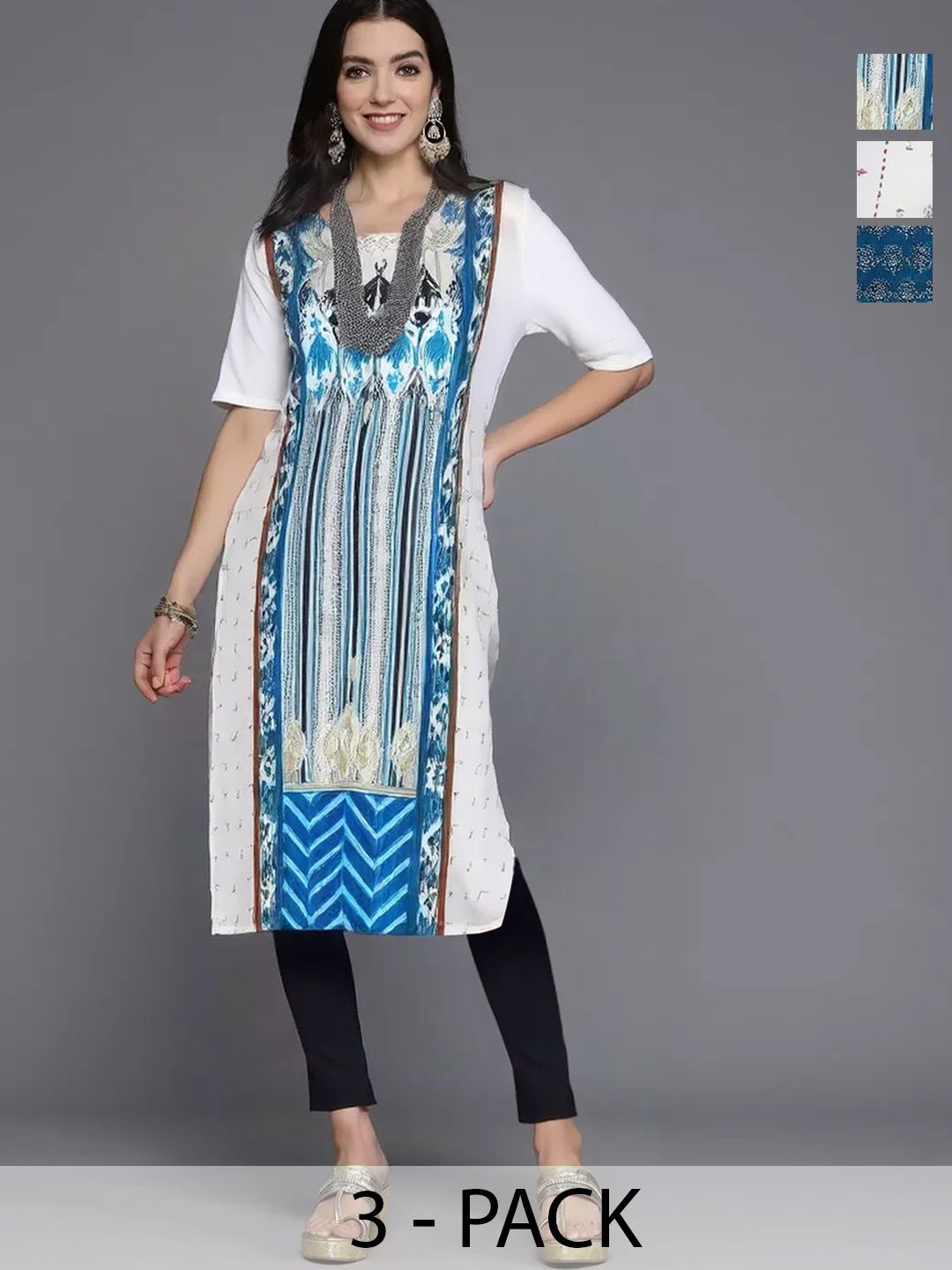 arangya Women Pack of 3 Geometric Printed Indie Prints Crepe Kurta