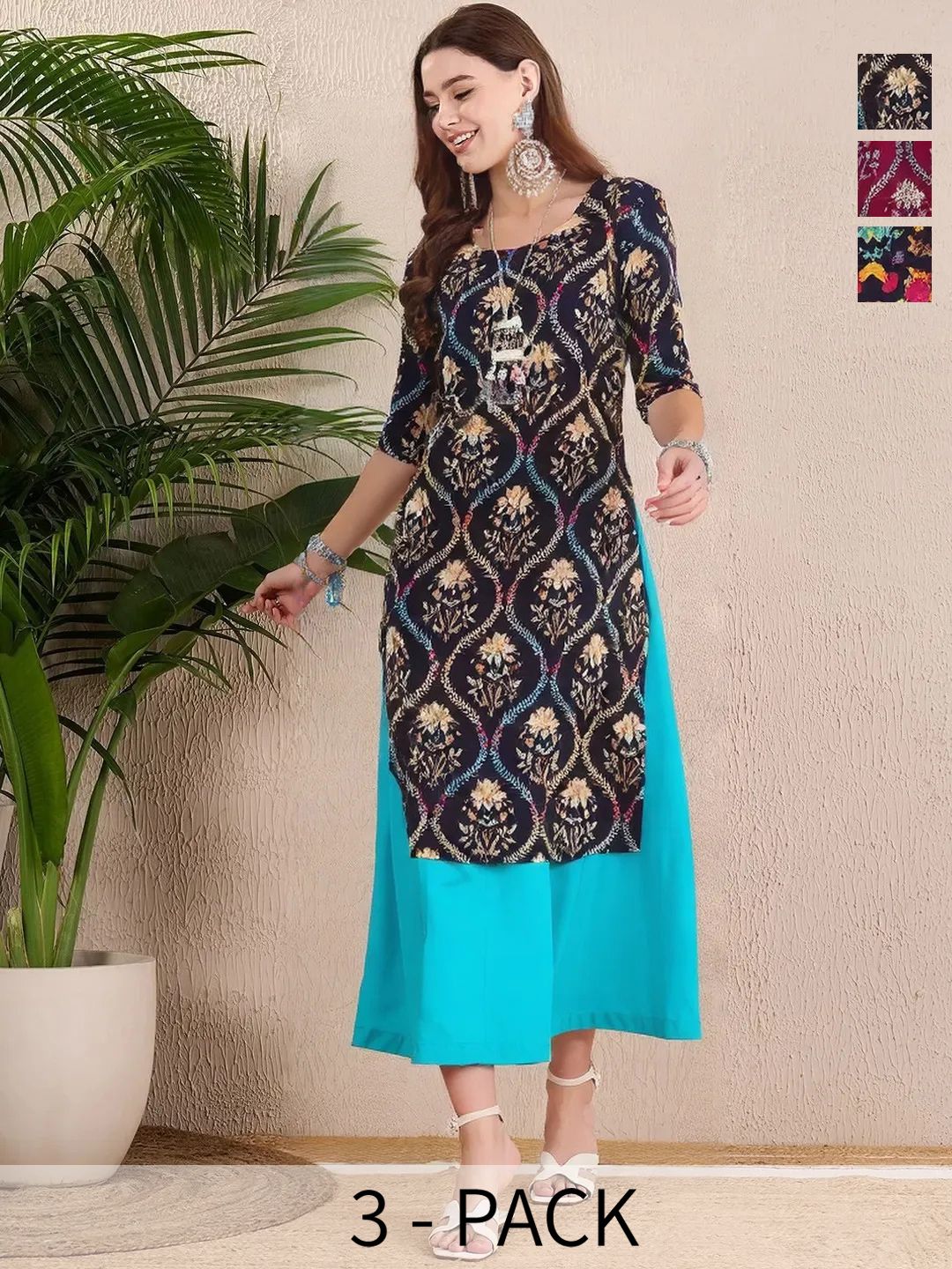 arangya Women Pack Of 3 Ethnic Motifs Printed Indie Prints Crepe Kurta