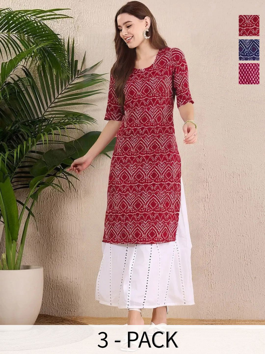 arangya Pack Of 3 Women Leheriya Printed Indie Prints Crepe Kurta