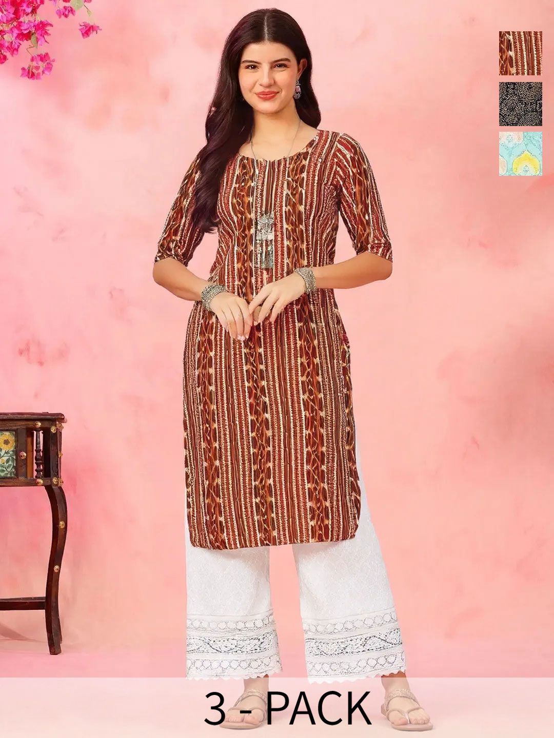 arangya Women Pack of 3 Printed Indie Prints Crepe Kurta