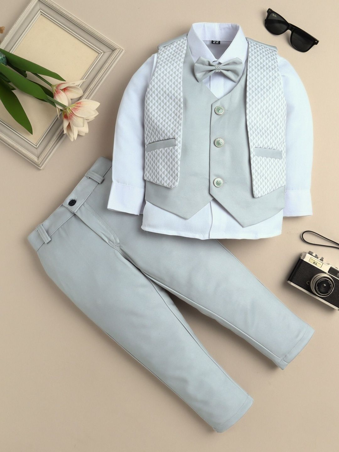 Sangria Boys Geometric Printed 3 Piece Party Suit Set With Bow