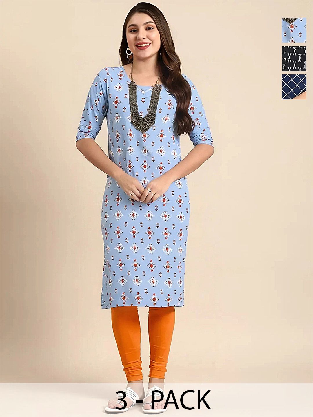 arangya Pack Of 3 Women Geometric Printed Indie Prints Crepe Kurta