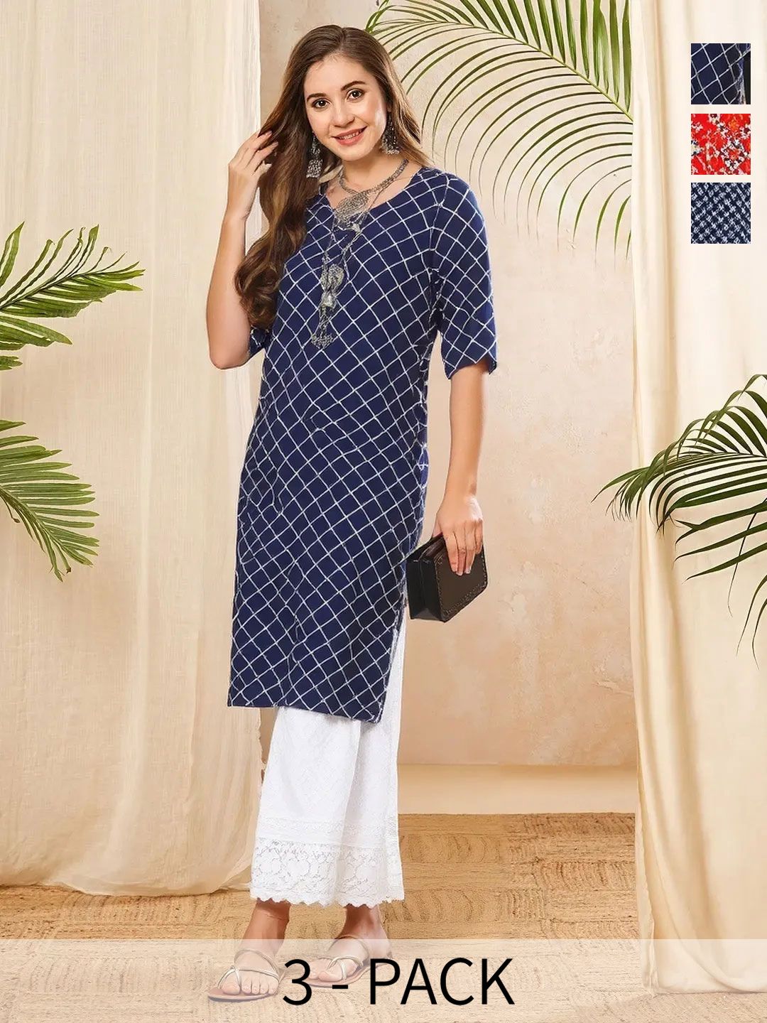 arangya Women Pack of 3 Geometric Printed Crepe Kurta