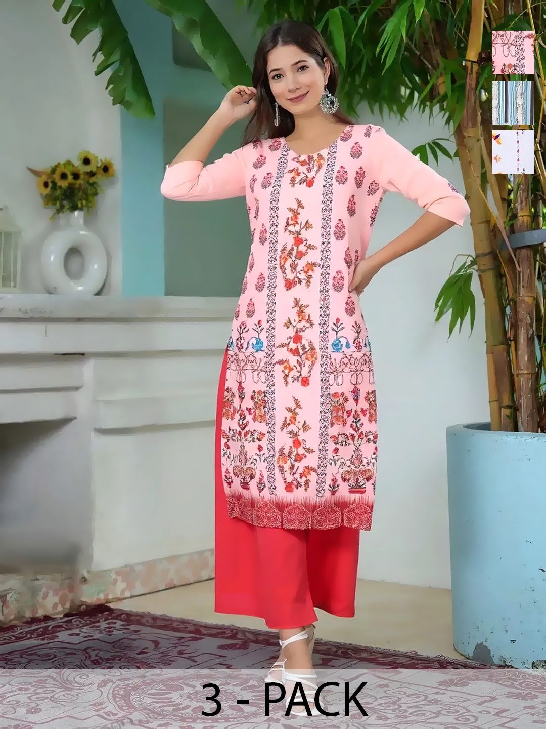 arangya Pack Of 3 Women Floral Printed Indie Prints Crepe Kurta