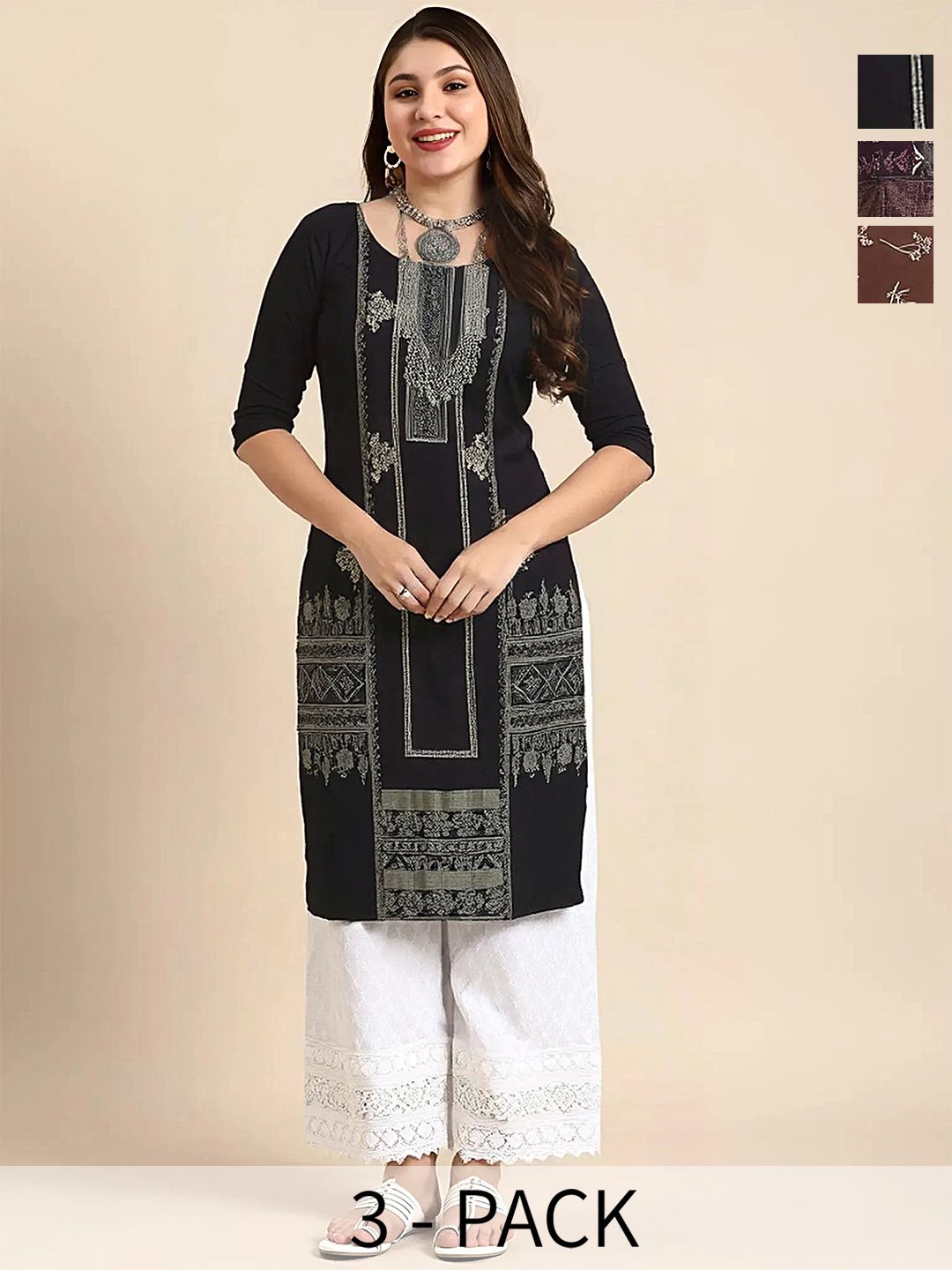 arangya Women Pack Of 3 Ethnic Motifs Printed Indie Prints Crepe Kurta