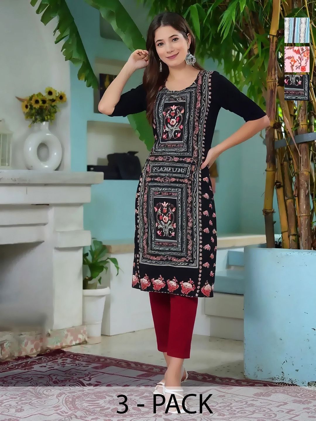 arangya Women Pack of 3 Floral Printed Indie Florals Crepe Kurta