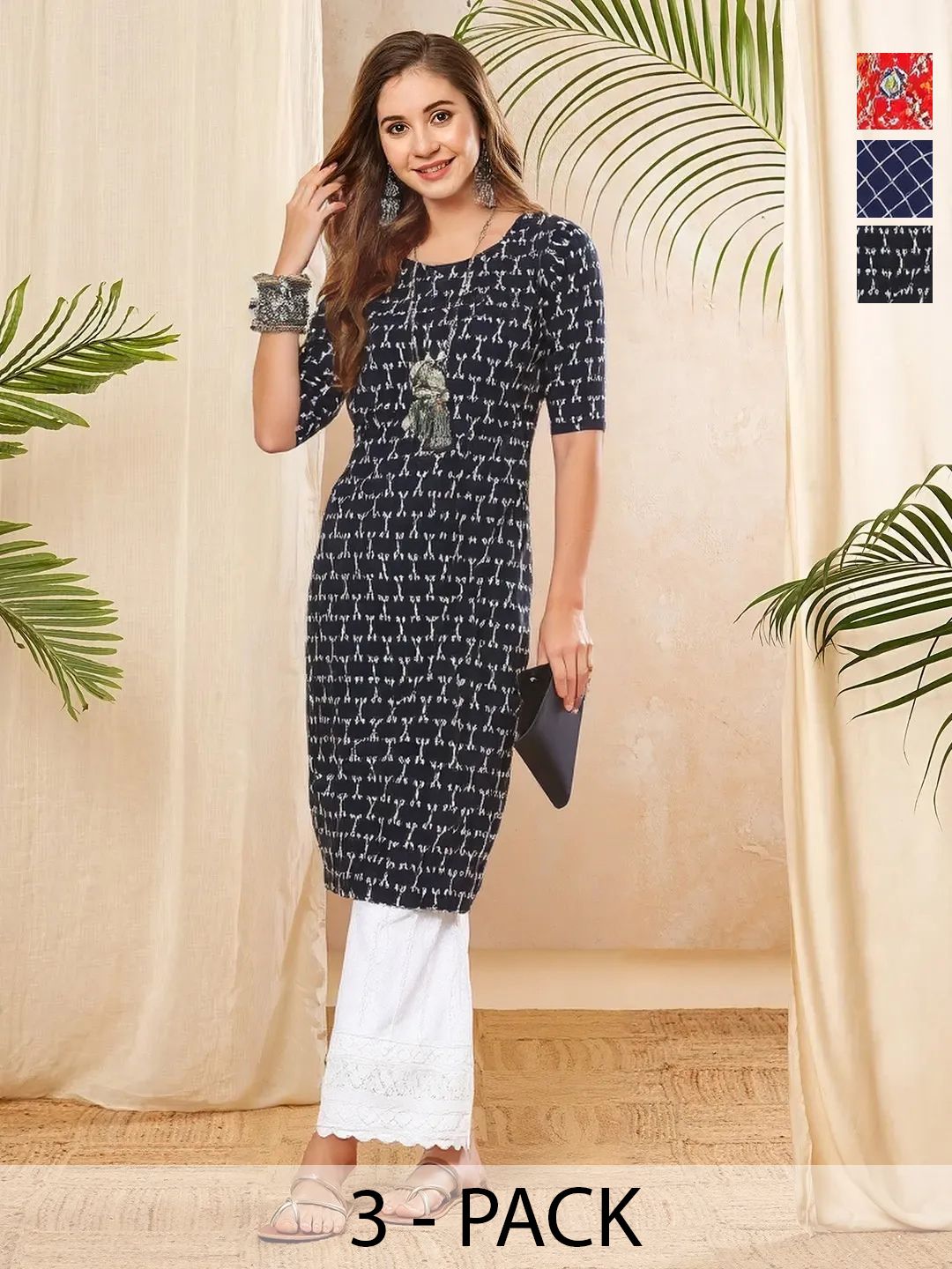 arangya Women Pack Of 3 Geometric Printed Crepe Kurta