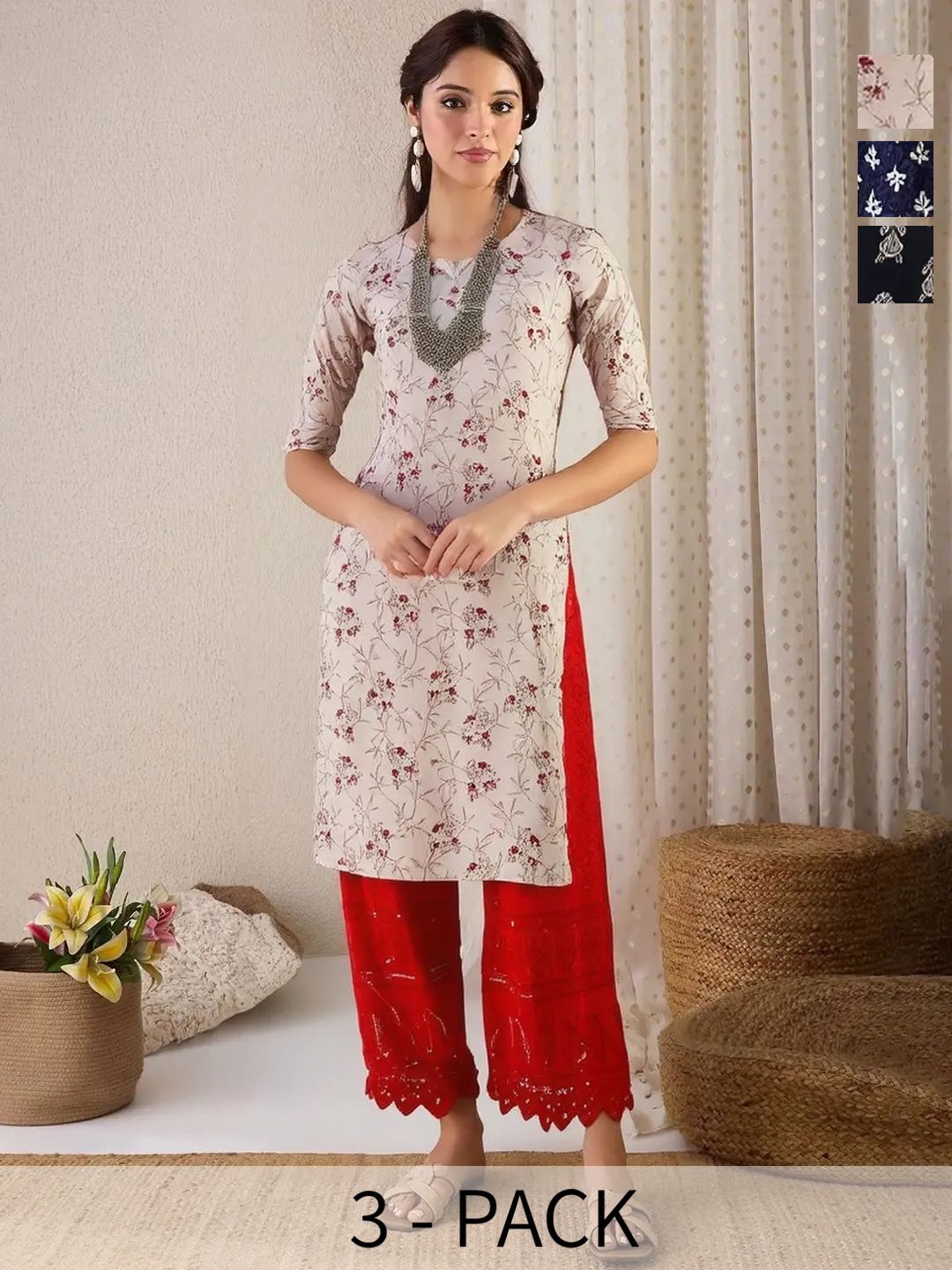 arangya Pack Of 3 Women Floral Printed Indie Florals Crepe Kurta