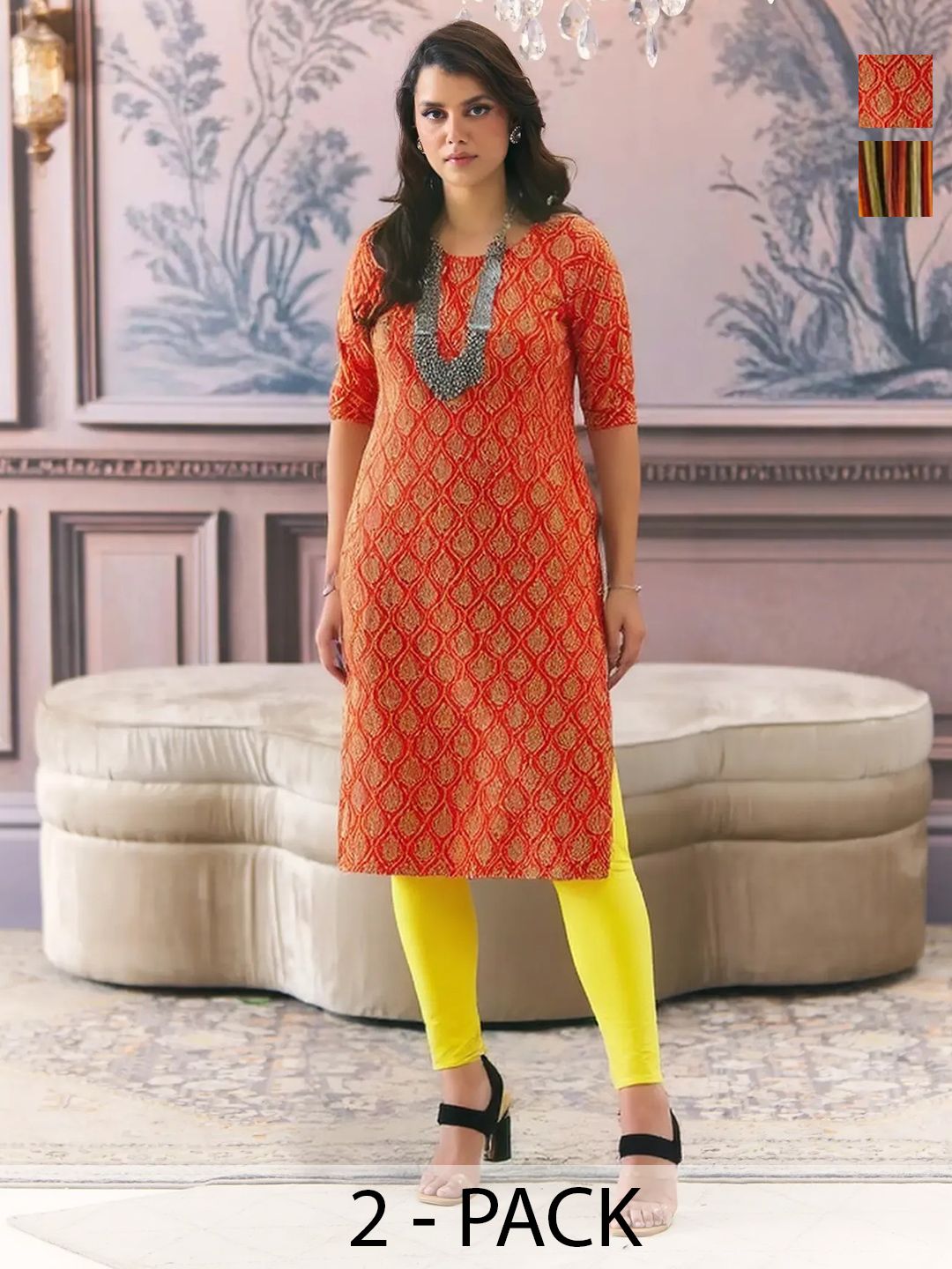 arangya Pack Of 2 Women Ethnic Motifs Printed Indie Prints Crepe Kurta
