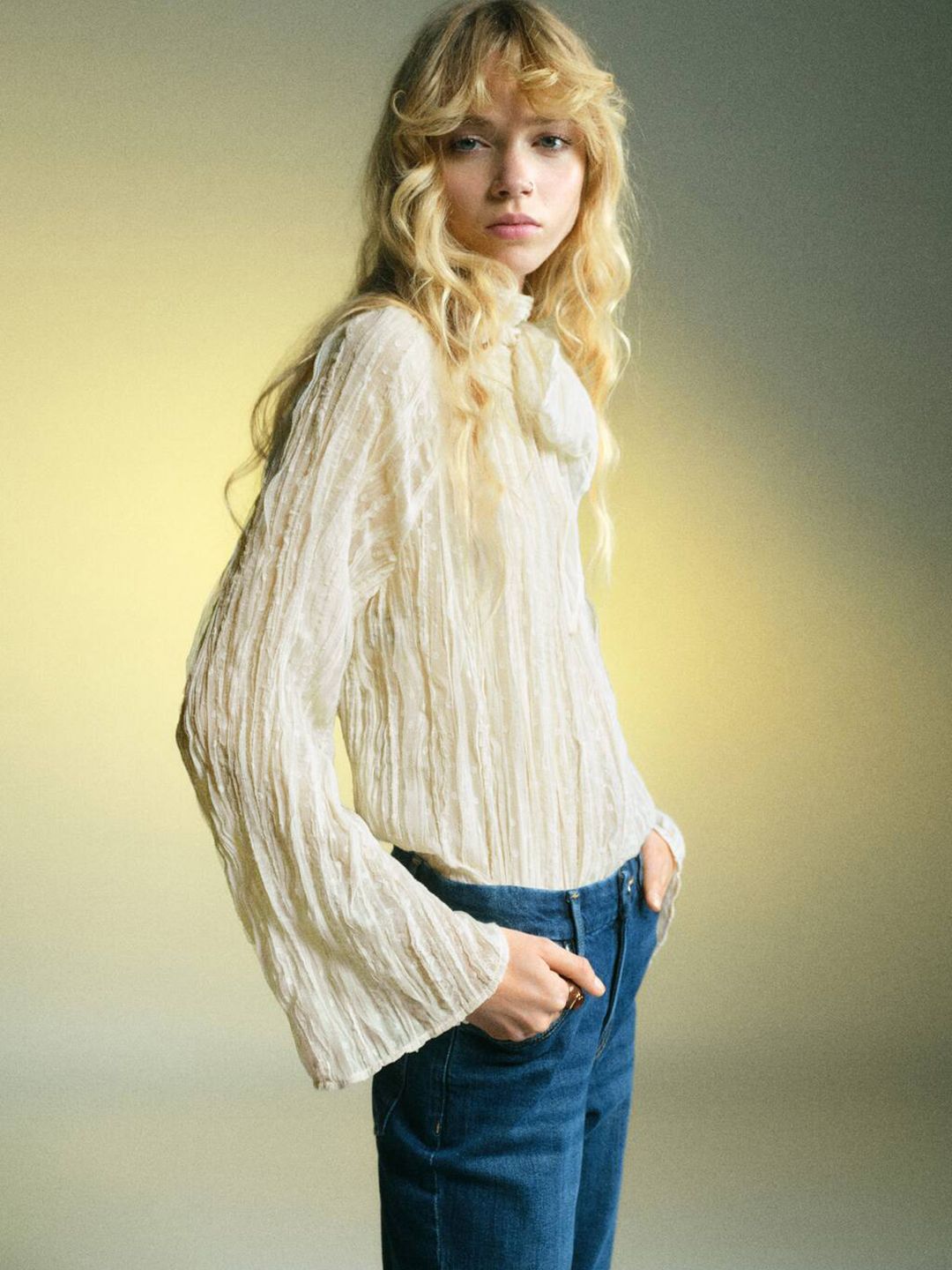 Textured Self Design High Neck Regular Top with Tie-Up Detail
