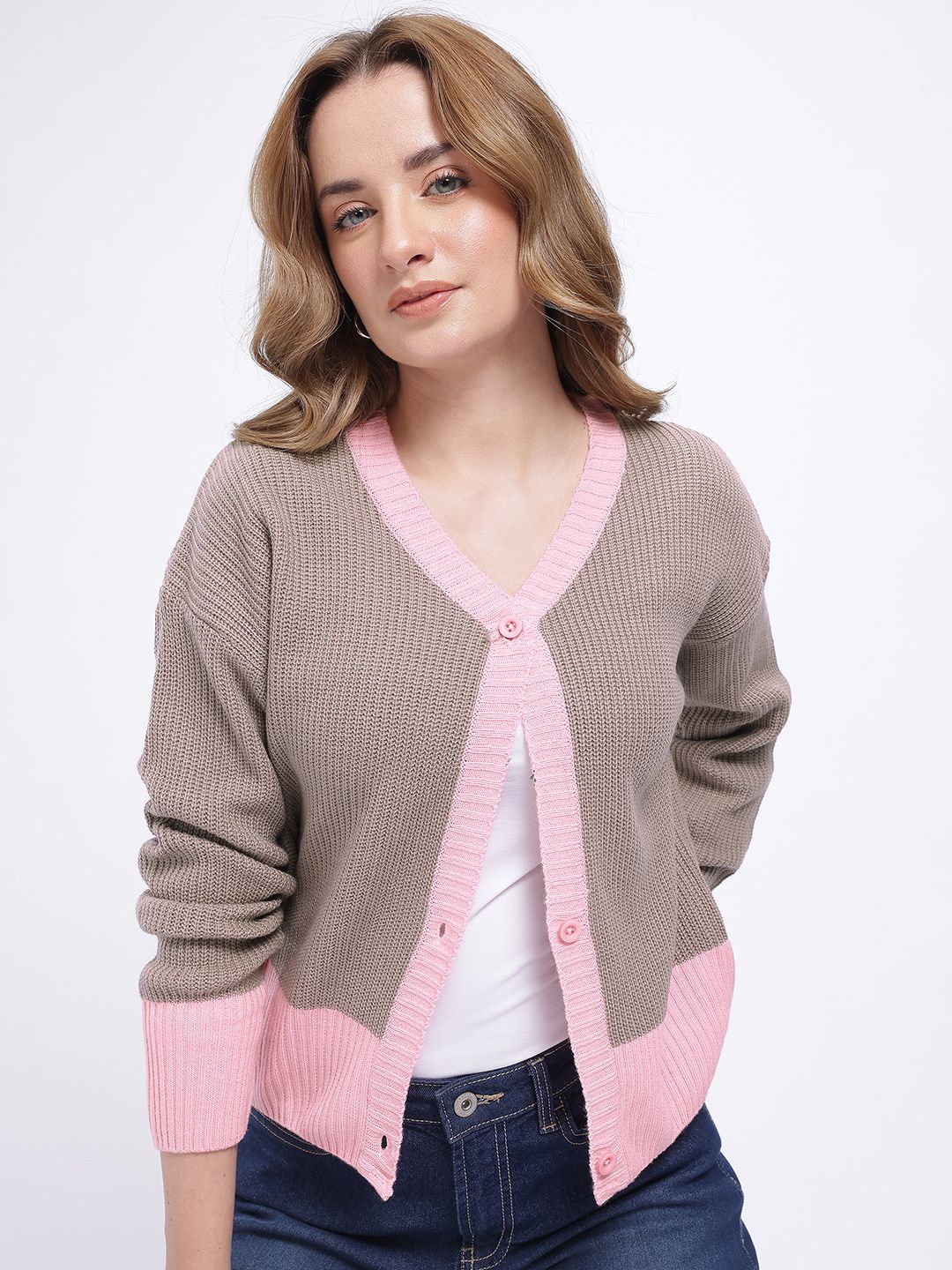 glitchez Ribbed Drop-Shoulder Contrast Trims Oversized Cardigan