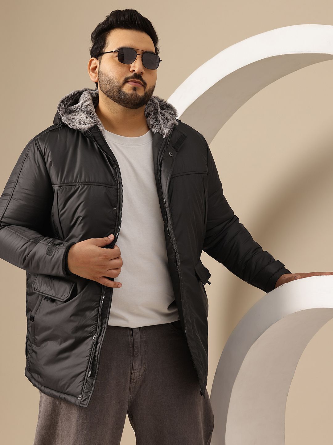 Sztori Hooded Faux Fur Detail Padded Jacket with Zip Closure at Hem