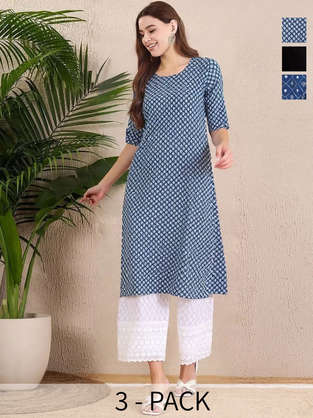 arangya Women Pack of 3 Ethnic Motifs Printed Indie Prints Crepe Kurta