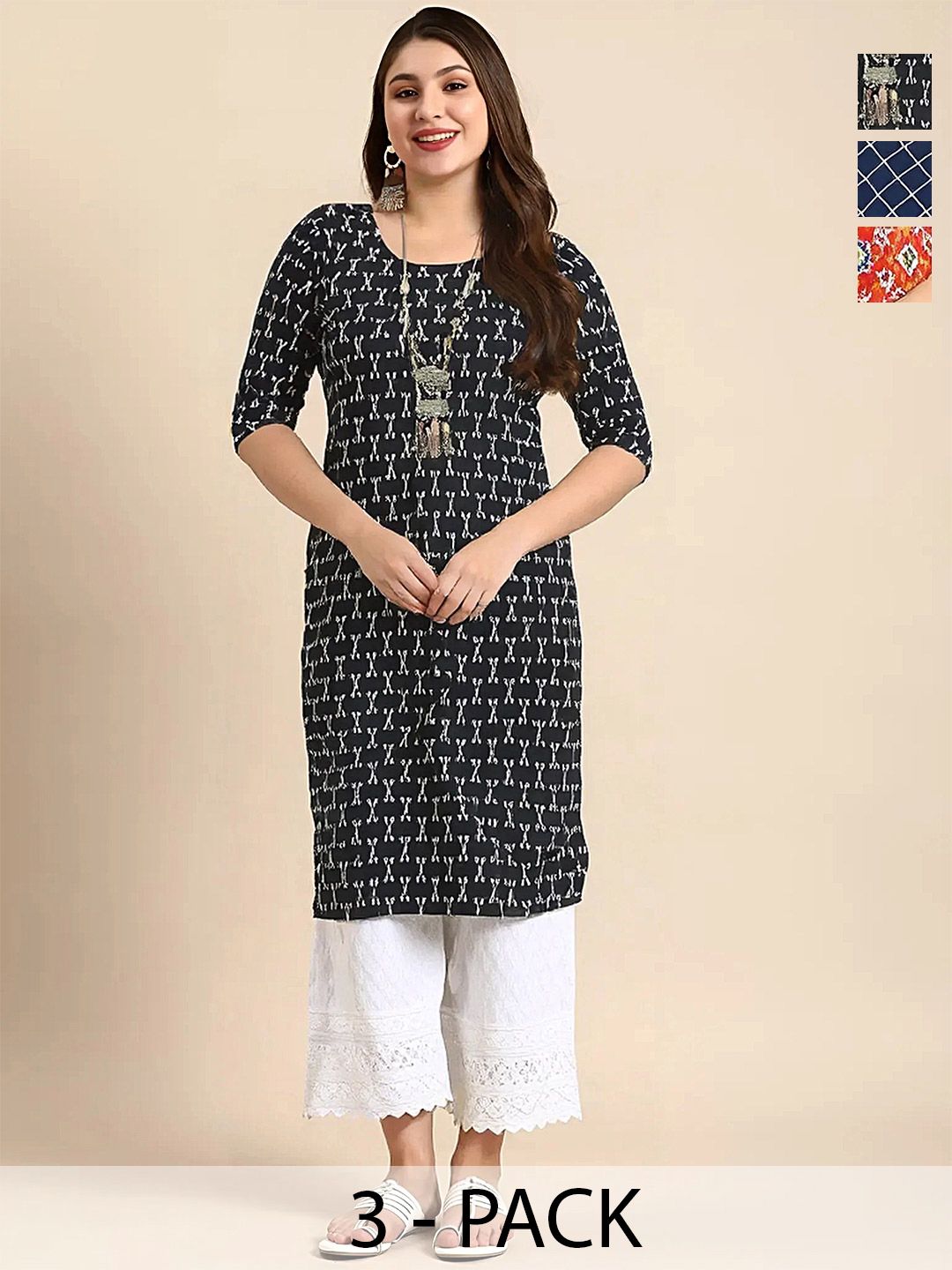 arangya Pack Of 3 Women Geometric Printed Indie Prints Crepe Kurta