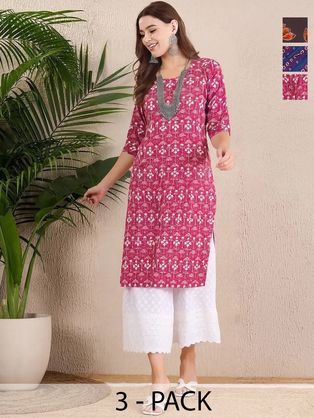 arangya Women Pack of 3 Ethnic Motifs Printed Indie Prints Crepe Kurta