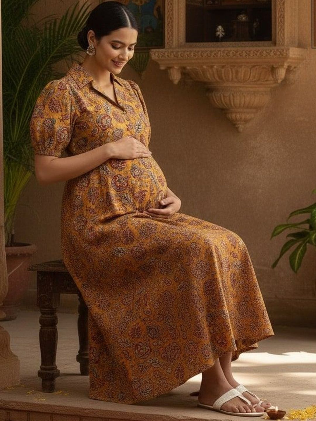 Gujari Yellow Floral Puff Sleeve Maternity Midi Dress