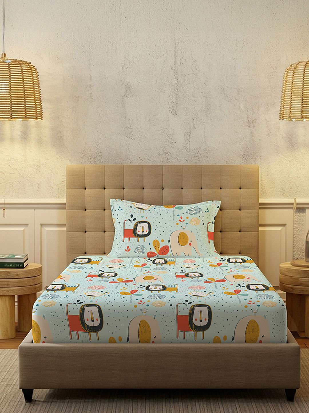URBAN SPACE Blue Conversational Cotton 200 TC Double Fine Bedsheet with a Pillow Cover-58 x 90 inches