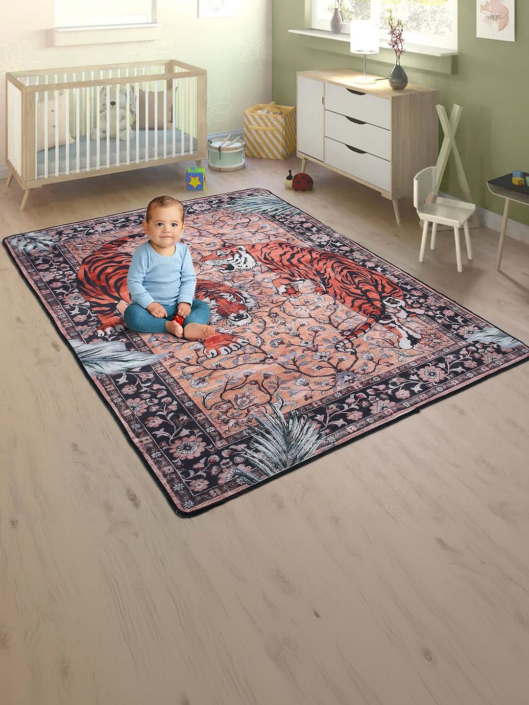 AAZEEM Multicoloured Ethnic Motifs Anti-Skid Polyester Carpet