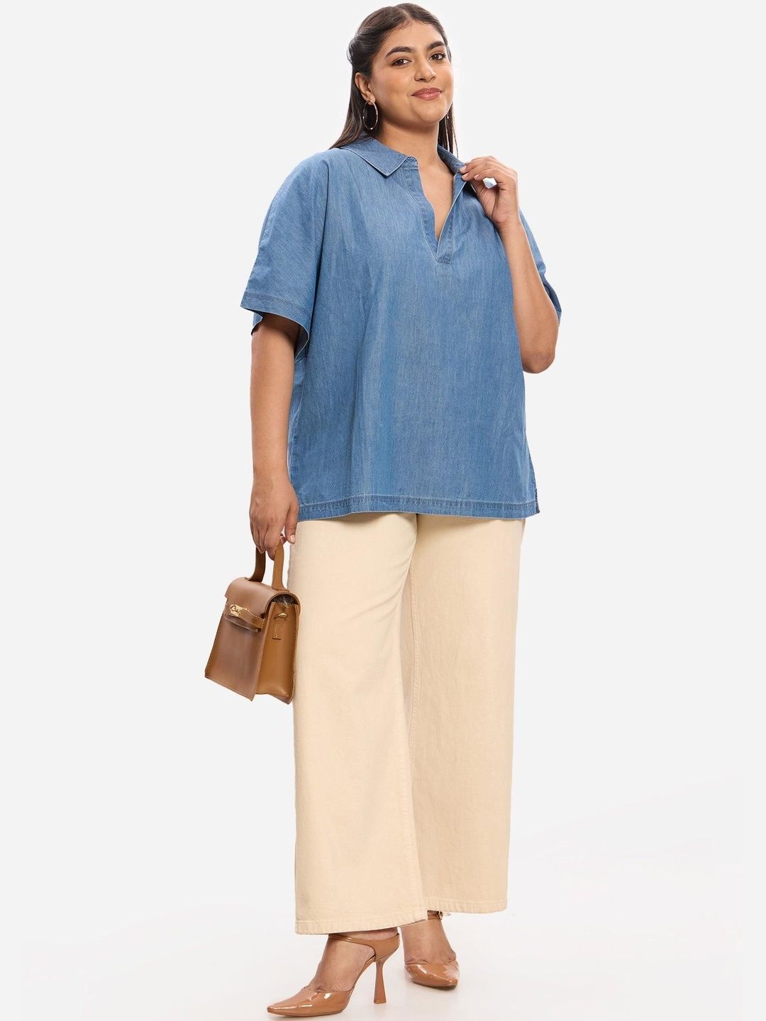 Extended Sleeves Top Virgio Solid Cotton Denim Shirt Collar Plus Size Tops