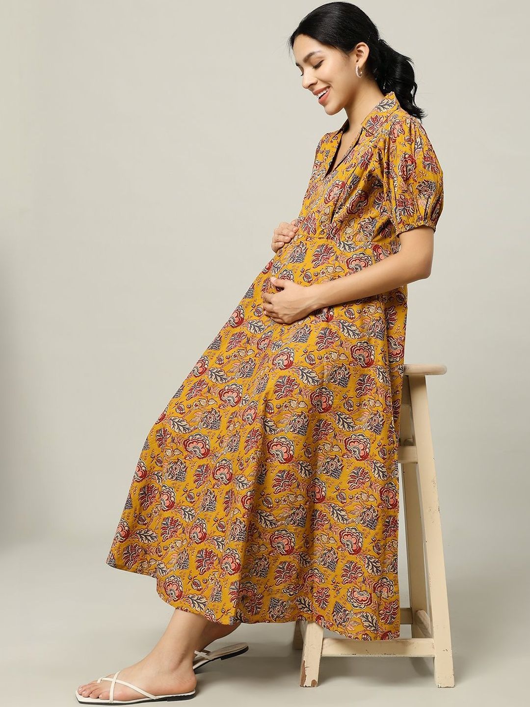 Gujari Yellow Floral Puff Sleeve Maternity Midi Dress