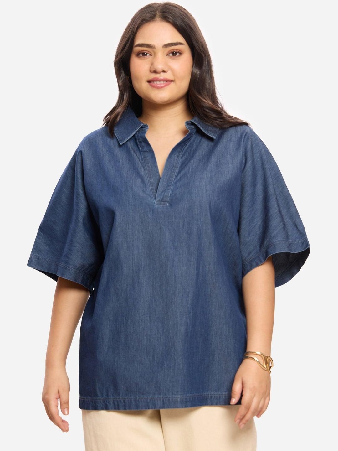 Extended Sleeves Denim Top Virgio Solid Cotton Denim Shirt Collar Short Sleeves Plus Size Tops